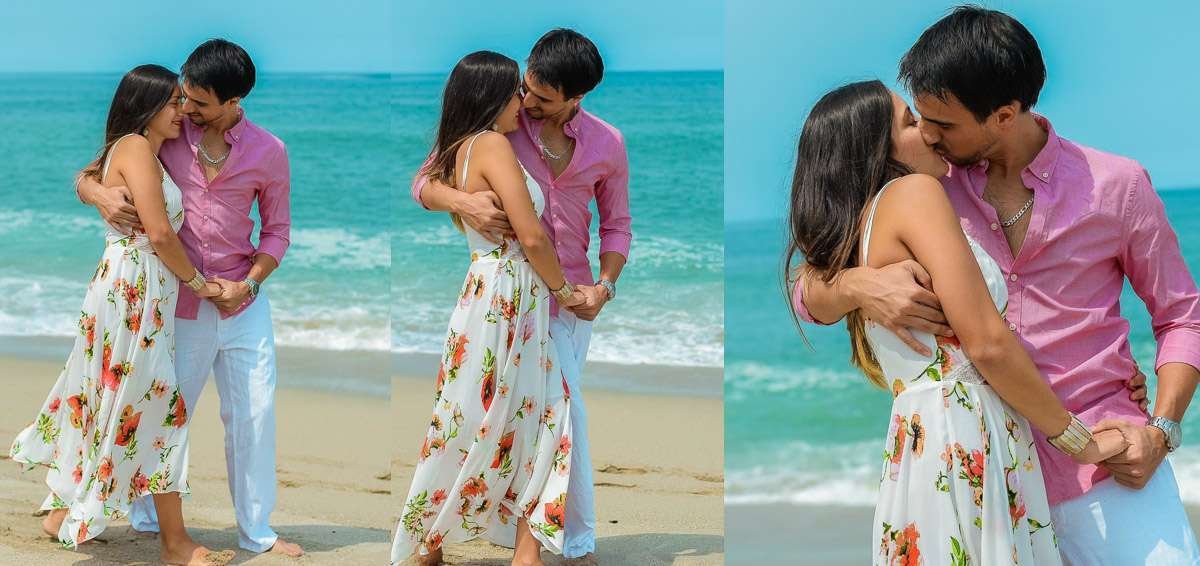Tres momentos de un abrazo en la playa durante una sesión de pareja